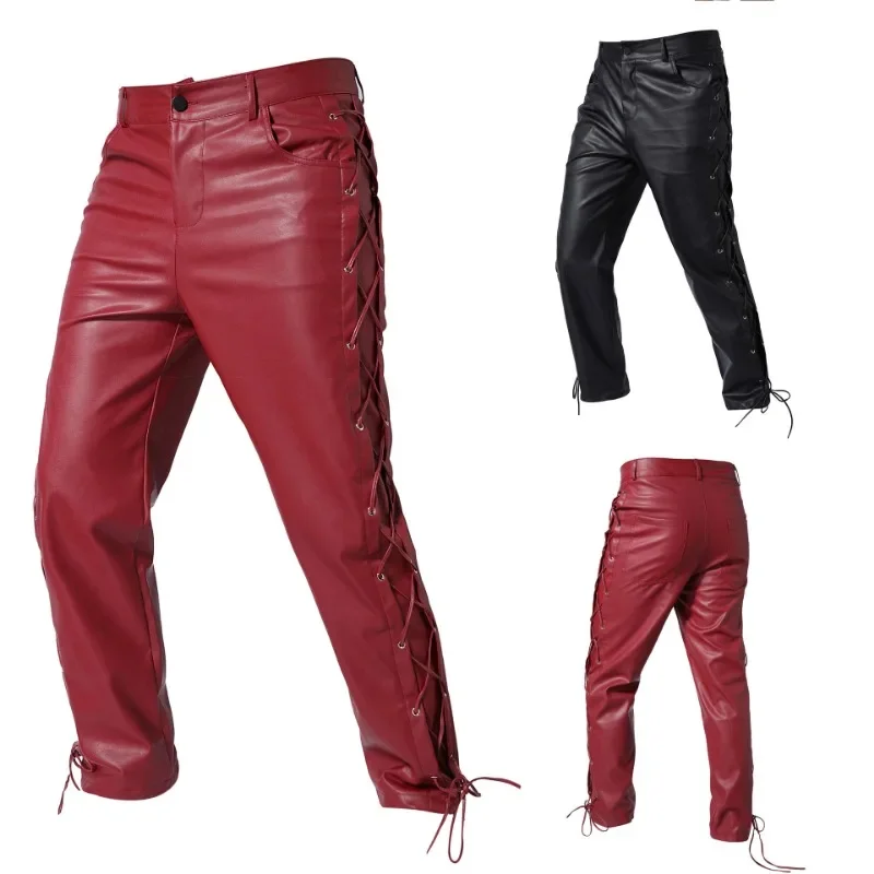 Trendy, Fashionable, Handsome, and Fashionable Solid Color Versatile Casual Men's Leather Pants