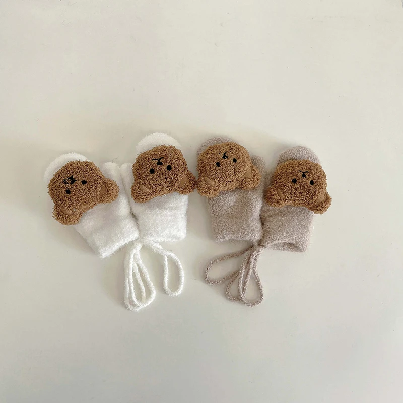 Korean Bear Baby Gloves Winter Hanging Neck Boy Girl Thick Warm Fingerless Mittens Outdoor Anti-Cold Kids Anti-Cold Gloves 1-4Y 2