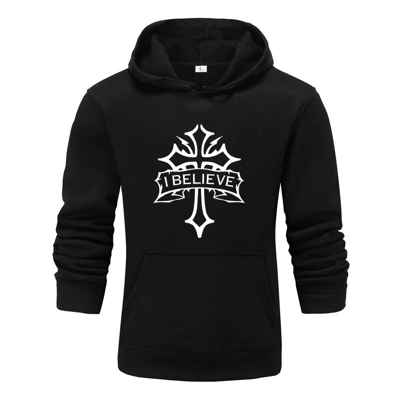 

Men's Cross Faith I Believe Jesus Letters Print Hoodies Man Casual Pullover Sweatshirts Fashion Streetwear Hooded Tops for Male