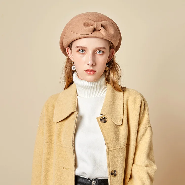 

X4077 Winter Wool Beret Hat with Ostrich Fur Pom Pom Knitted Hat for Women Girl Solid Fashion Cap Peaky Blinders Beret Women