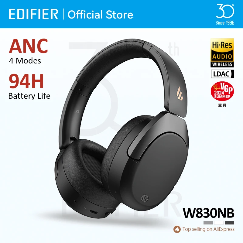 سماعات رأس لاسلكية Edifier W830NB بتقنية البلوتوث 5.4 مع خاصية إلغاء الضوضاء النشطة وجودة صوت عالية الدقة، قابلة للطي مع تقنية LDA...