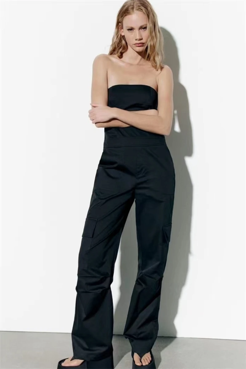 

Fashion French Backless Women With Pockets Solid Side Zipper Cargo Workwear Jumpsuits Vintage Strapless Slash Neck Female Outfit