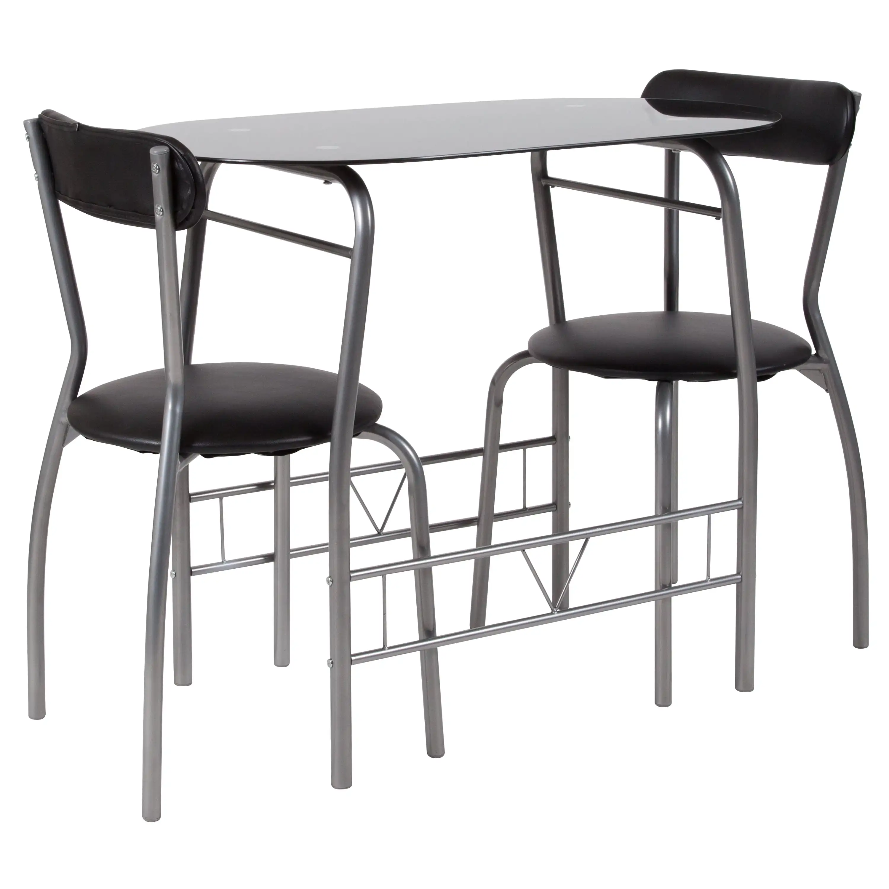 

Sutton 3 Piece Space-Saver Bistro Set with Black Glass Top Table and Black Vinyl Padded Chairs