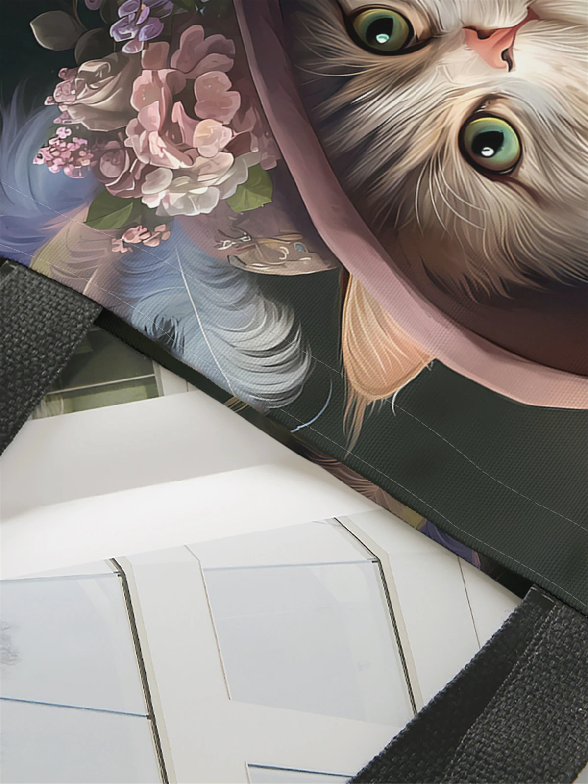 1pc,artistic cat handbag, reusable fashionable handbag, multifunctional handbag, printed canvas shopping bag