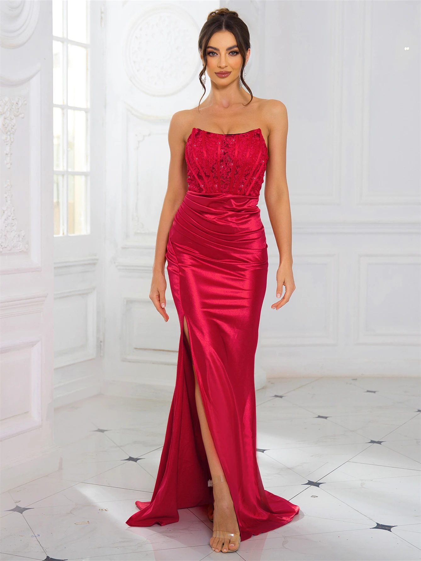 Romagic Sexy Strapless Pleated Satin Red Cocktail Prom Dress Long Mermaid Backless Women Maxi Slim Homecoming Party Dresses 2025