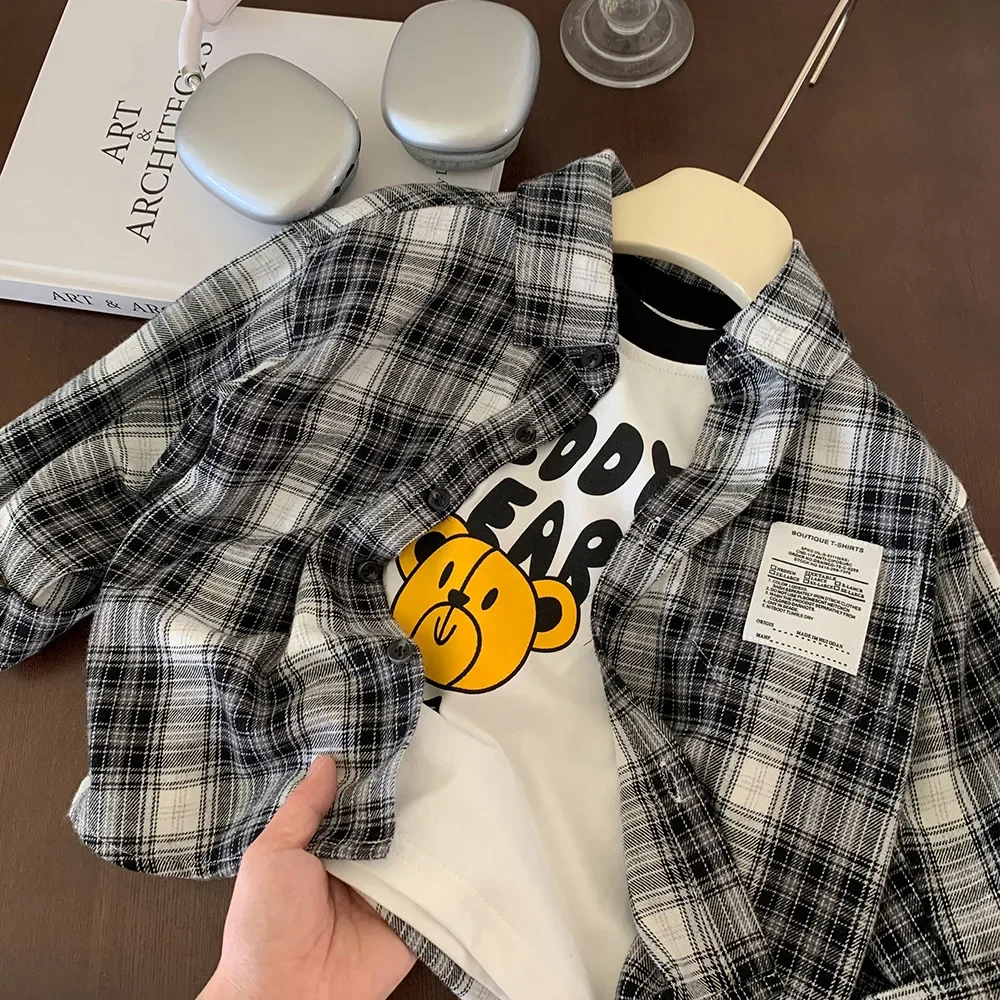 Spring Autumn Plaid Long Sleeve Children's Shirt Boys' Clothing Korean Style Checkered Pattern Kids' Fashionable Outfit