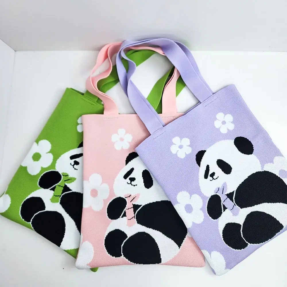 

Reusable Panda Printed Handbag New Foldable Large Capacity Shopping Bag Knitted Pouch