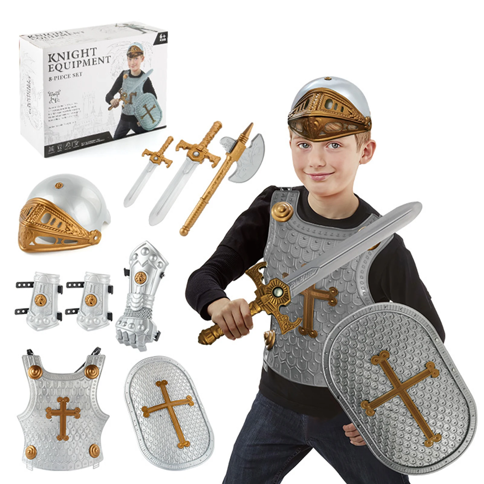 Medieval Knight in Shining Armor Pretend Role Play Plastic Toy Costume Set with Weapons and Accessories Silver 