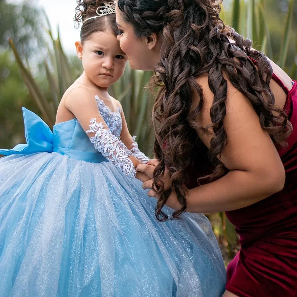 Flower Girl Dresses Floral Applique Dress Pink Tulle Flower Girl Dress Wedding Full Sleeves Puffy Applique Floor Length Princess Kids Birthday First Communion Gown