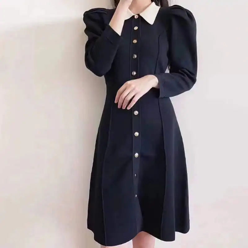 

Women Single Breasted Puff Sleeve Golden Buttons Knitted Dress
