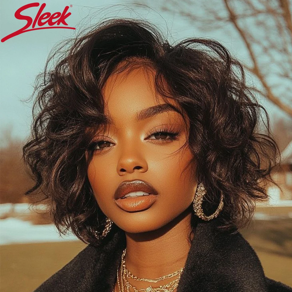 Sleek 100% Real  Short Bodywave Bob Lace Wigs Bodywave Bob Human Hair Wigs For Women 5X1 Lace Indian Hair Wigs Natural Black