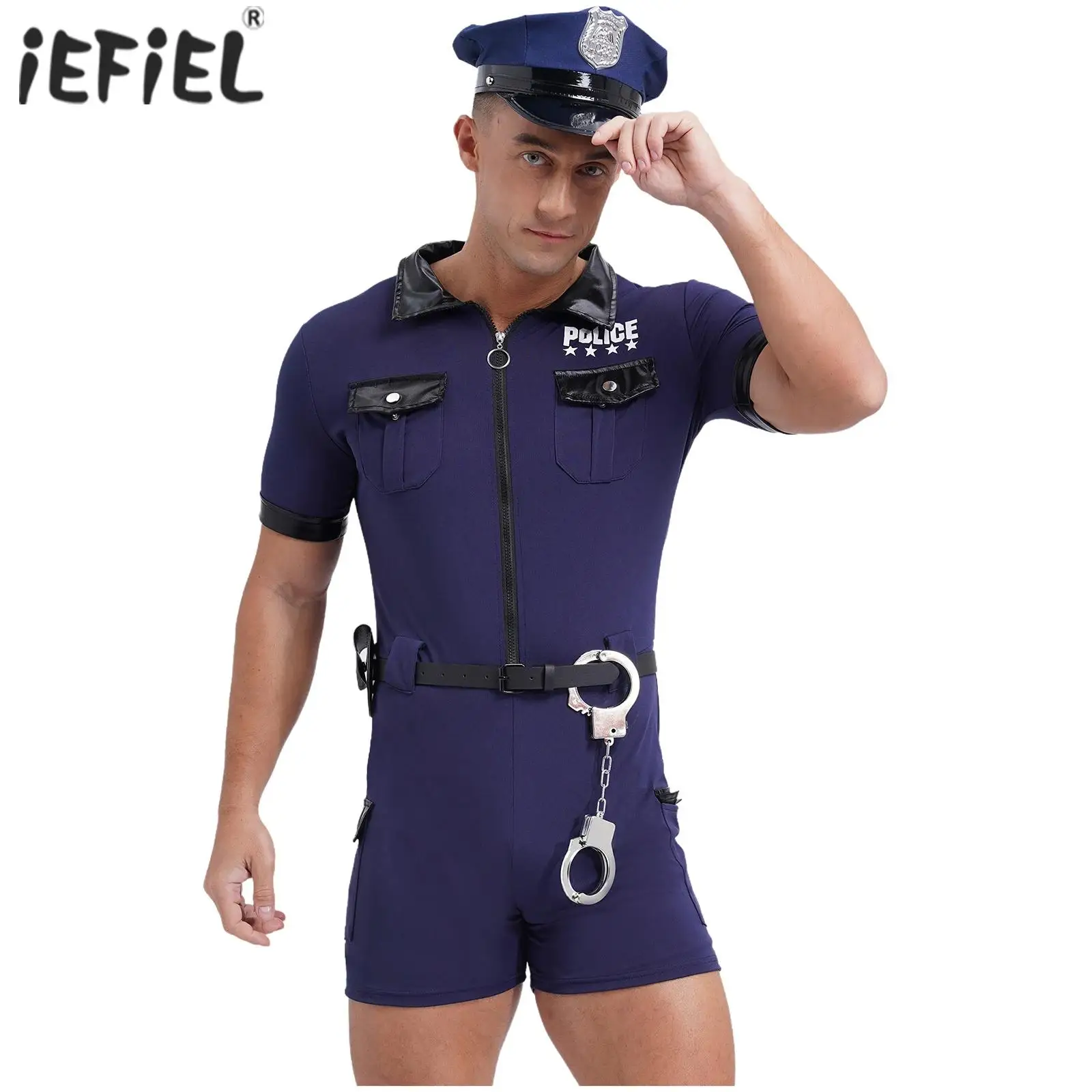 Mens Dirty Cop Policeman Costume Sexy Cosplay Party Sets Short Sleeve Jumpsuit Belt Purse Hat Cuffs Suit Role Play Dress Up men costume accessories