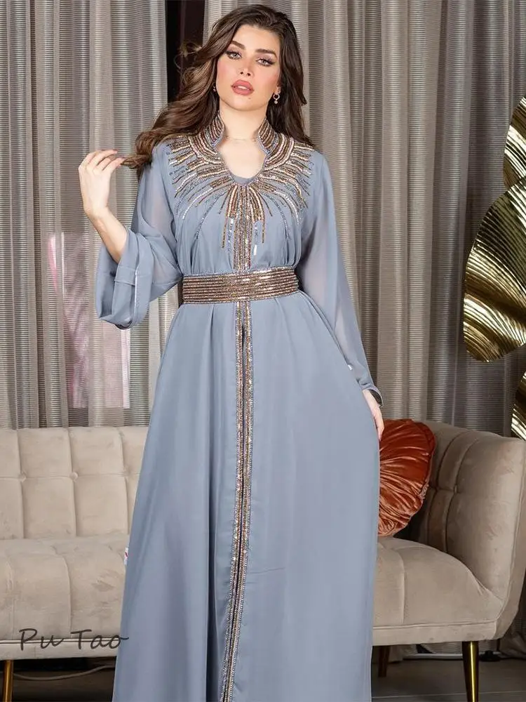 

Morocco Party Dress Women Muslim Abaya Stand Collar Fashion Dubai Abayas Diamond Kaftan Elegant Robe Vestidos Turkey Gown
