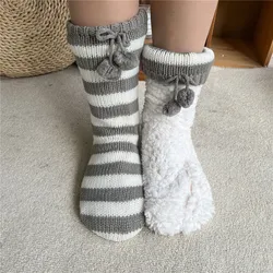 thermal Fuzzy Sock Striped Womens Comfy Winter Warm Sleeping Soft Female Plush Non slip Grip Fur Ball Short Floor Slippers Sock
