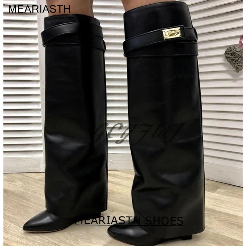 

2022 Meariasth Top Brand New Color black Shark Lock Knee High Tall Boots Wedge Heels Folded Metal Decoration Long Boots Dropship