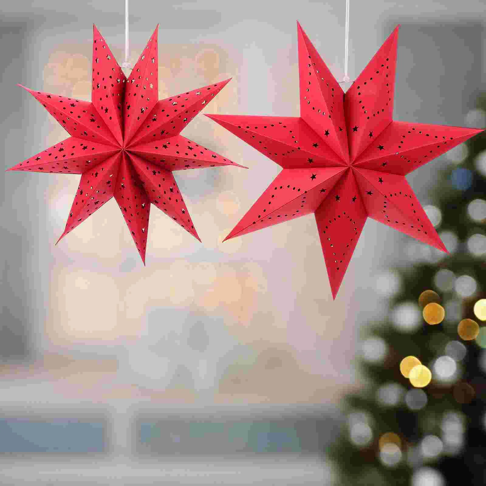 

2pcs Christmas Star Paper Shade Red Paper Lantern Star Light Shade Decorative Nine Pointed Star Origami Cover Xmas Party Favor