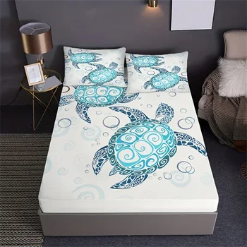 Set di lenzuola con angoli con stampa tartaruga marina stile moda, coprimaterassi, comodo set di biancheria da letto traspirante con tasca profonda per la camera da letto 1