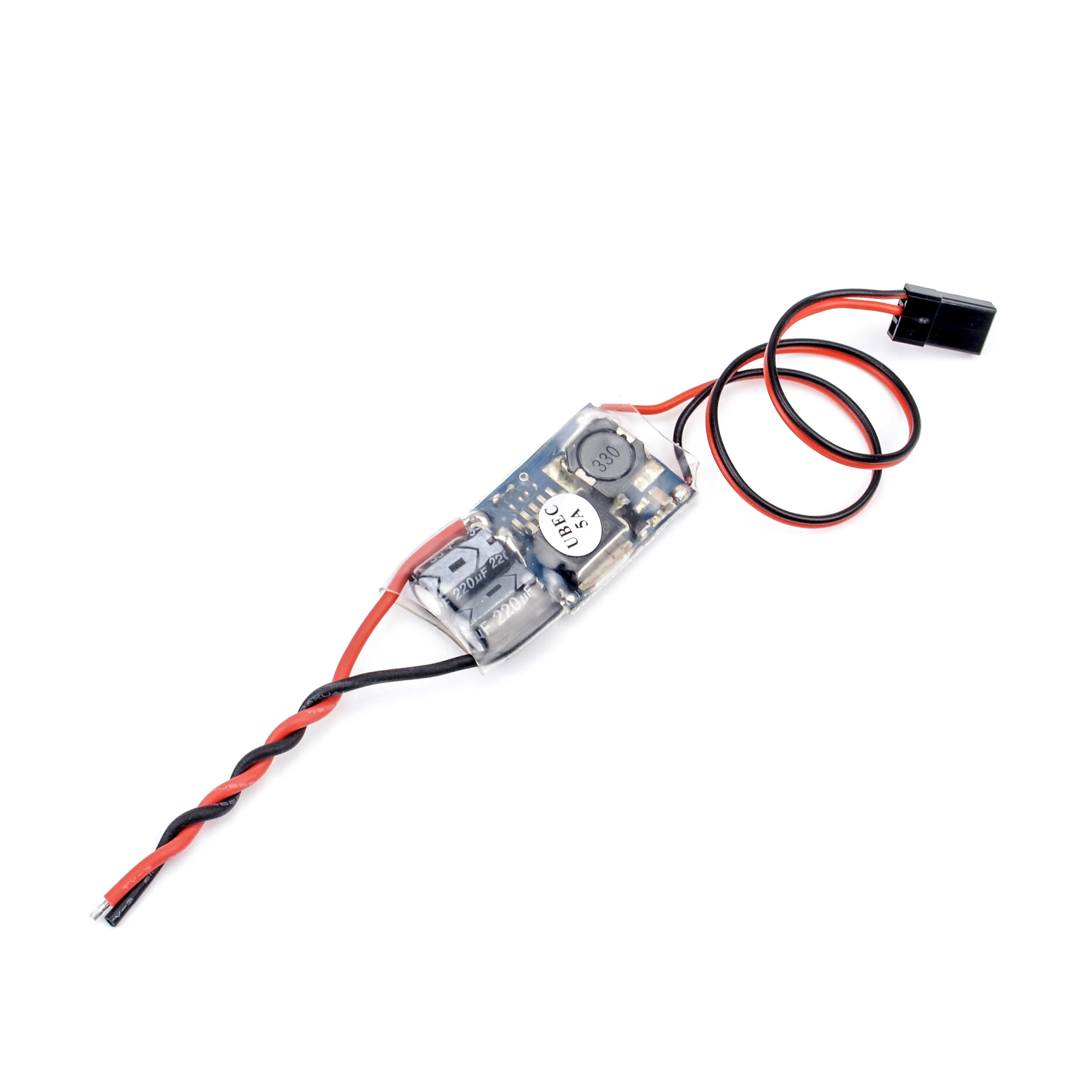 Câblage du module UBEC pour RC drone montrant les fils rouge et noir soudés