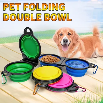 1-piece 2-in-1 foldable dual bowl feeding bowl portable outdoor travel dog and cat drinking bowl