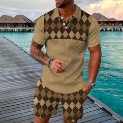 Summer Men's Suit Trend 3D Print Vintage check Polo Shirt + Shorts Two Piece Set Soft Fashion Casual Men Clothing Tracksuit Set