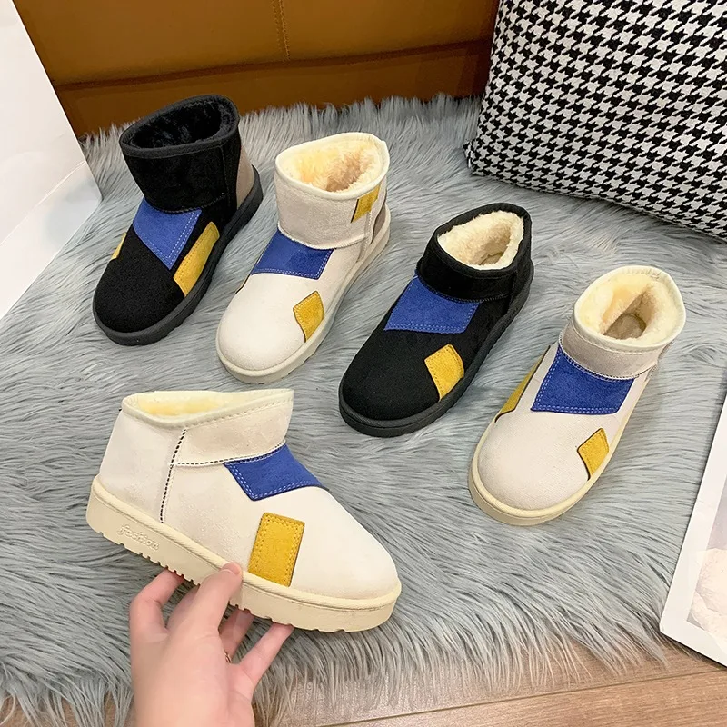 

Winter 2024 Fashion Design Womens snow boots Patchwork fabric trend Beggar style patch ankle boots Warm non-slip mini snow boots