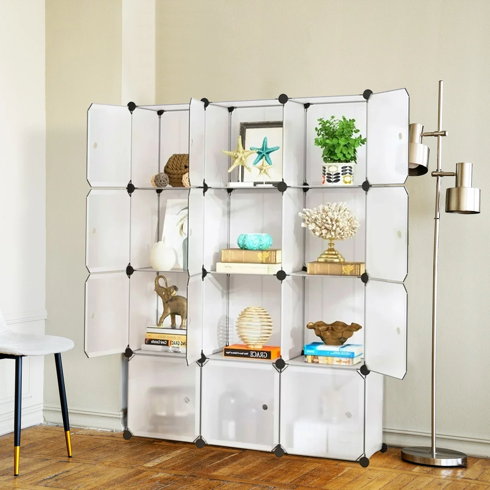 12-Cube Storage Closet Organizer Wardrobe Shelves DIY Closet Cabinet with Doors for Bedroom Living Room with Doors