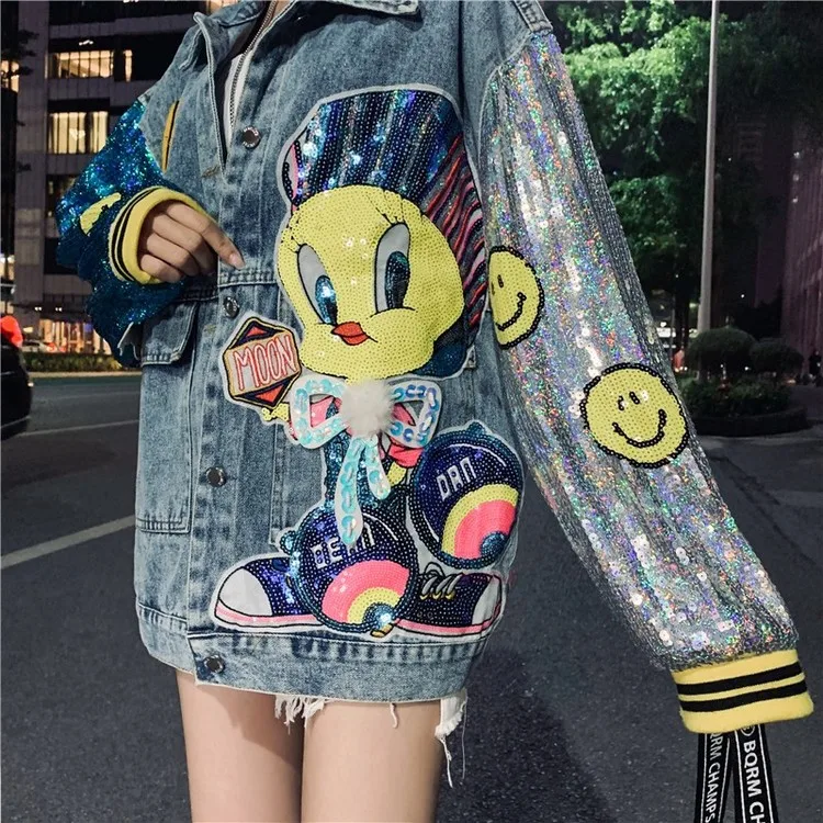 Women's Cartoon Sequin Denim Vintage Jean Jacket - true deals club