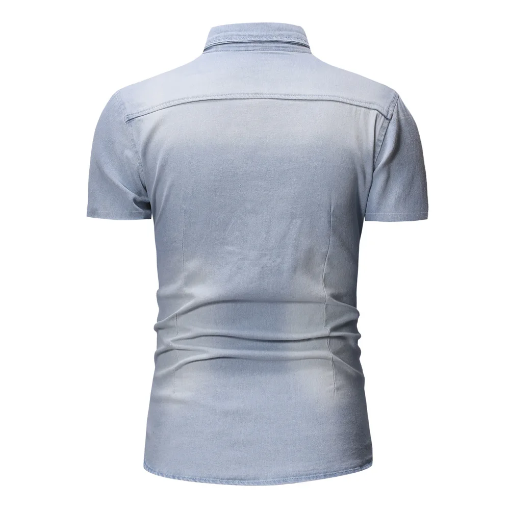Summer New Simple Men Denim Shirt Casual Business Mens Short Sleeve Shirts Fashion Polo Collar Male Tops denim shirt