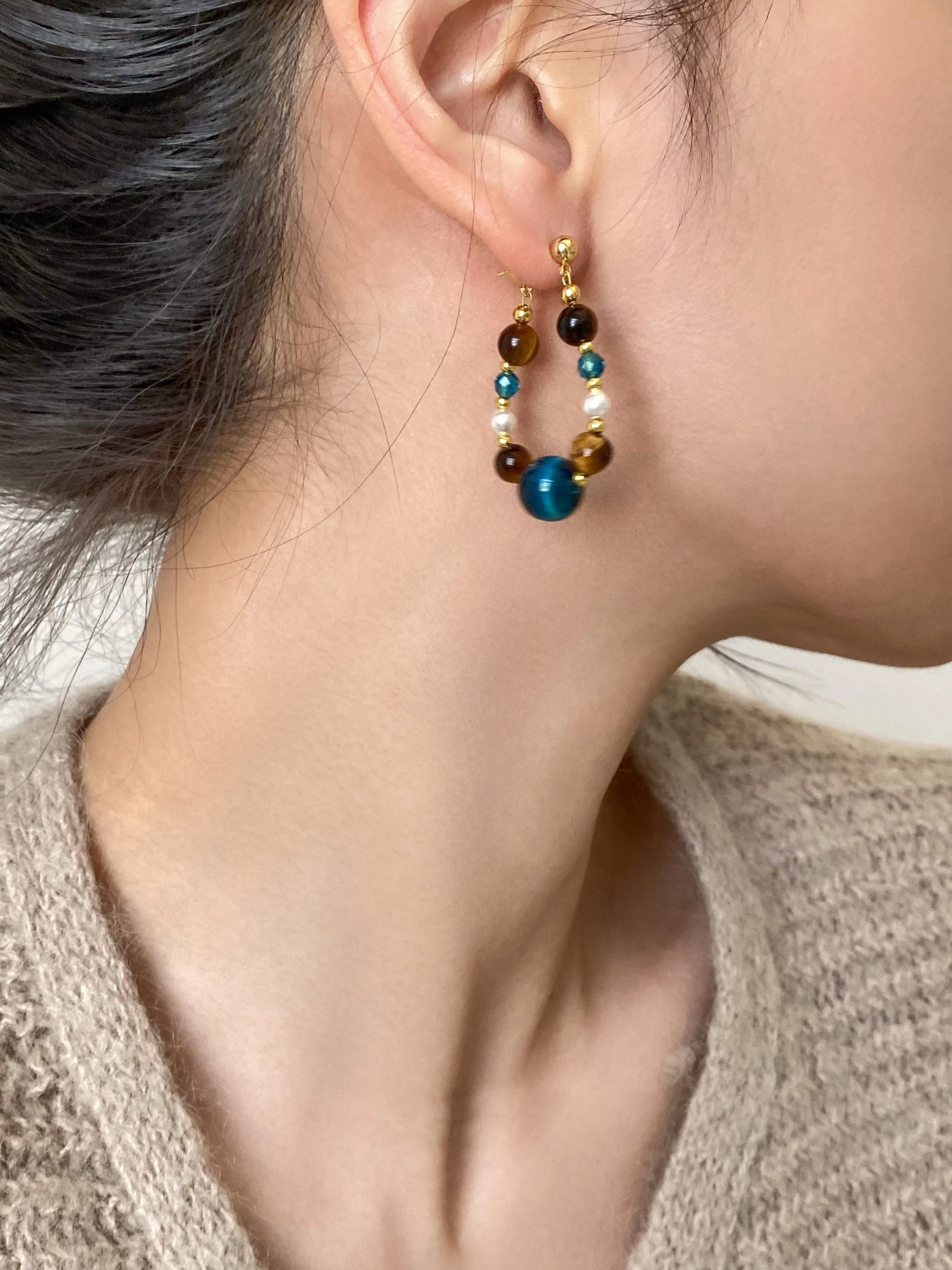 Natürlicher Tigerauge-Stein, kontrastierende Farbe, Imitation von Kristall, blaue Perlen, hängende Ohrringe für Frauen, trendiger Schmuck, neue Accessoires – Detail 5