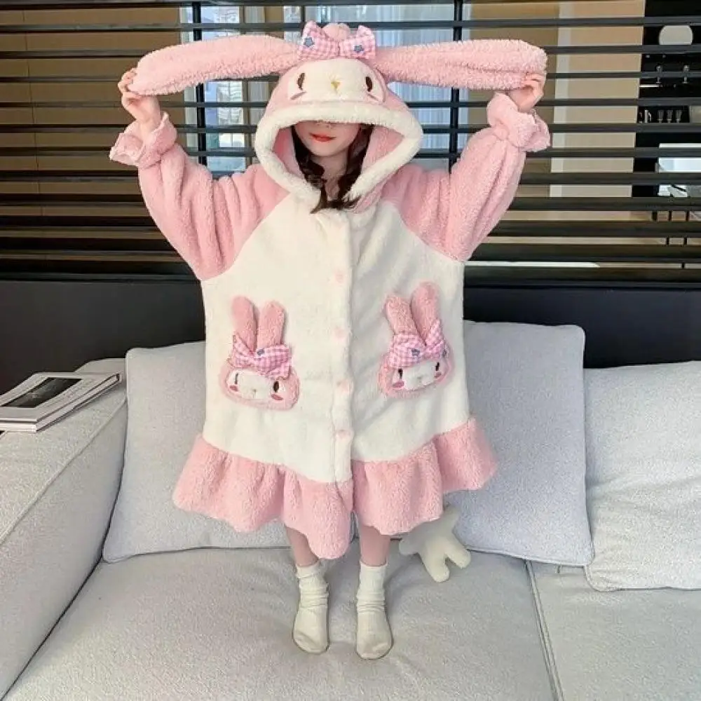 Kawaii Sanrio My Melody Girls Nightgown Suit Autumn Winter Pajamas Anime Sleepwear Flannel Homewear Child Cute Loungewear Robe