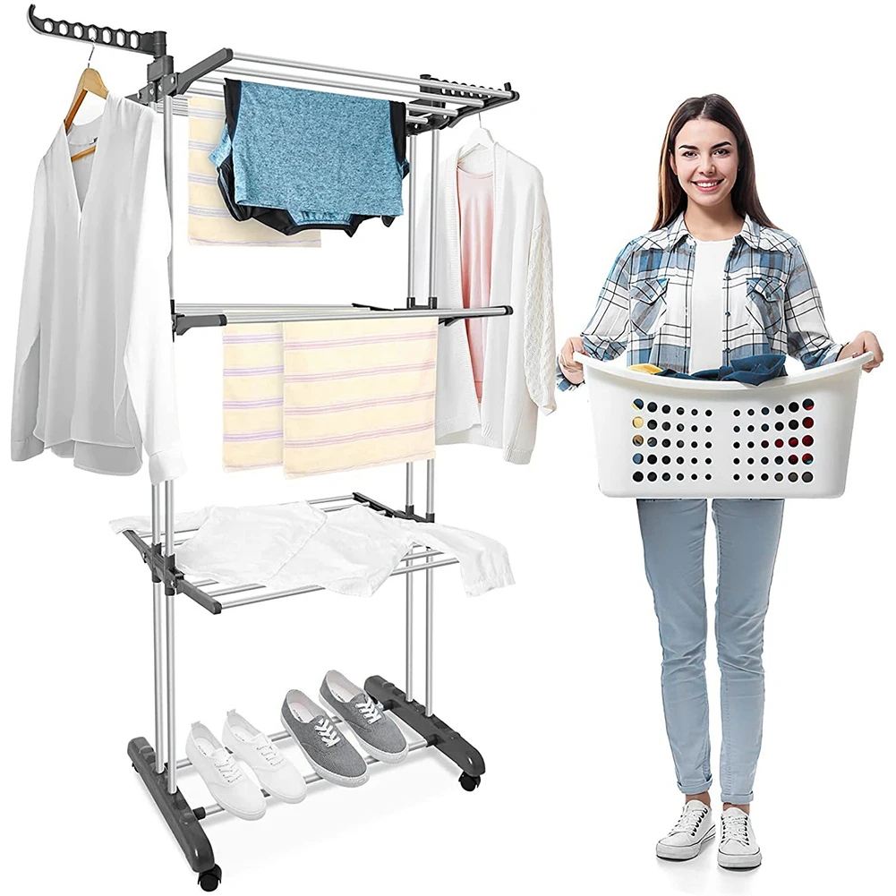 Foldable Iron Laundry Drying Rack with Castors for Indoor Outdoor Use