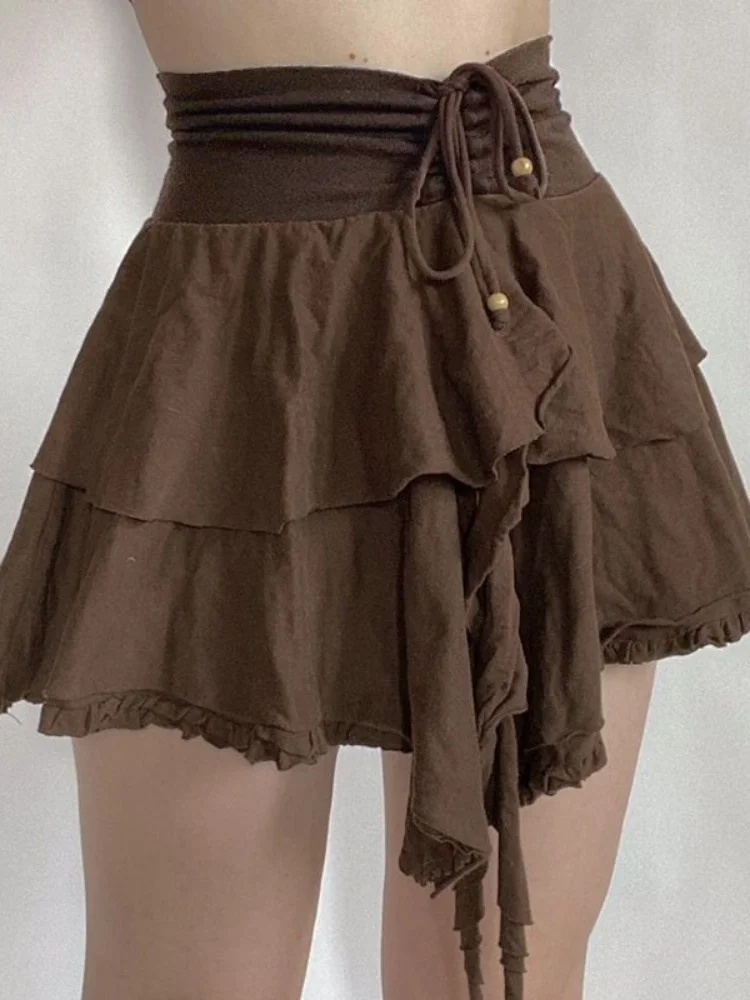 

HOUZHOU Streetwear Irregular Brown Mini Skirt Women Summer High Waist Chic Bandage Ruffles Fairycore Korean Fashion Skirts