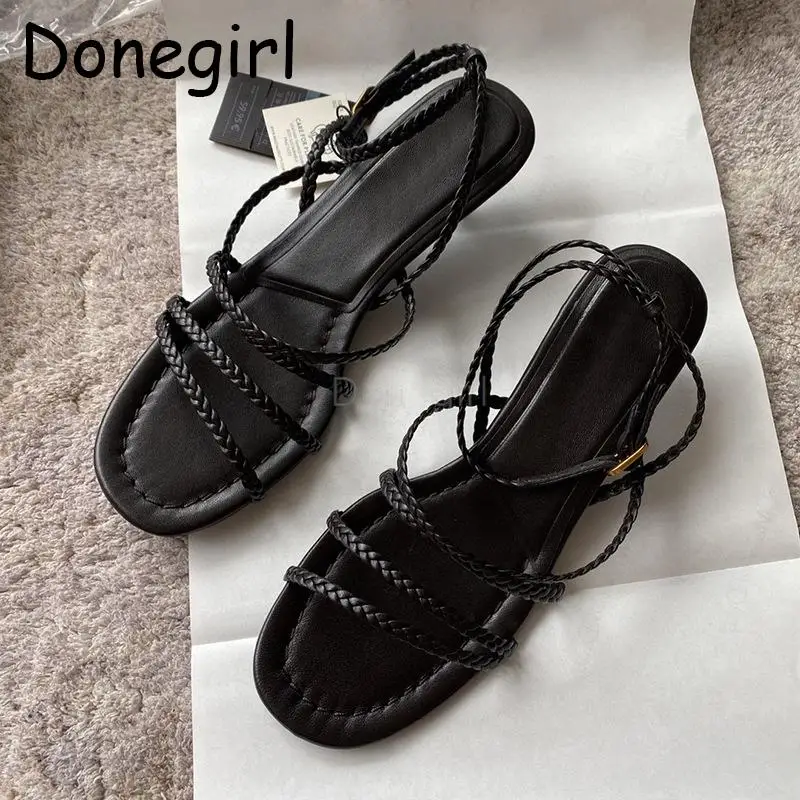 

Donegirl 2023 Summer New Women Fashion Leather Round Neck Thin Mid Heel Roman Sandals Solid Temperament Shoes Female Chic Ladies