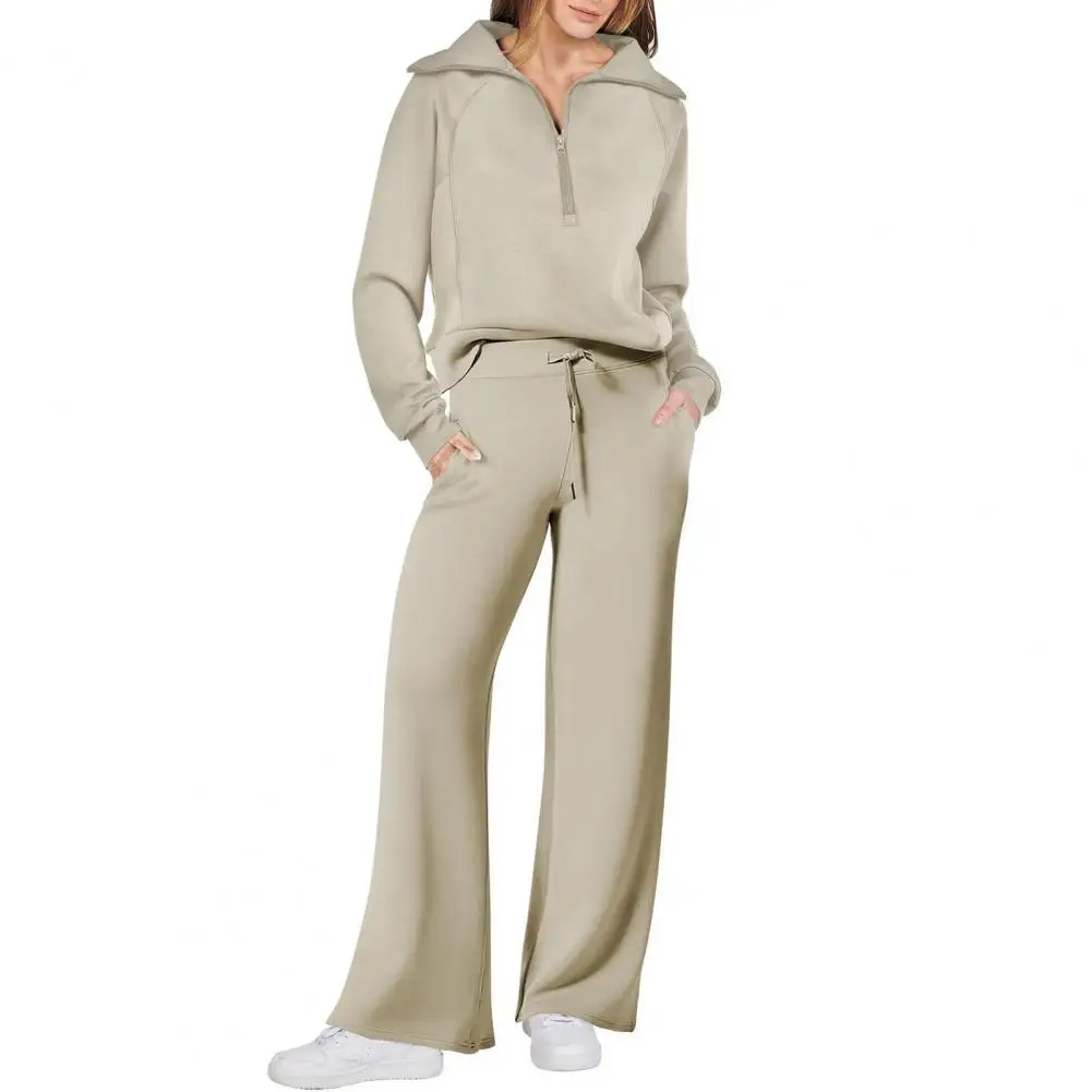 

Women Sweatshirt Pants Set Women's Outfit Lapel Zipper Neckline Sweatshirt Wide Leg Pants Set Stylish 2pcs/set For Fashionable