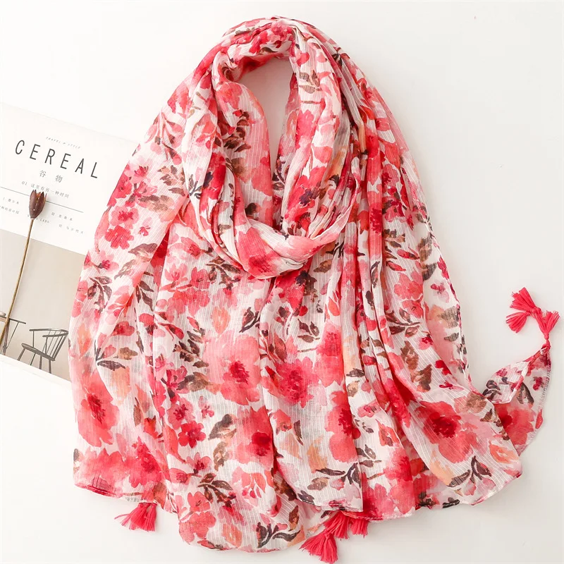 

Fashion Luxury Brand Ink Painting Floral Tassel Viscose Shawl Scarf High Quality Head Wraps Pashmina Stole Muslim Hijab 180*90Cm