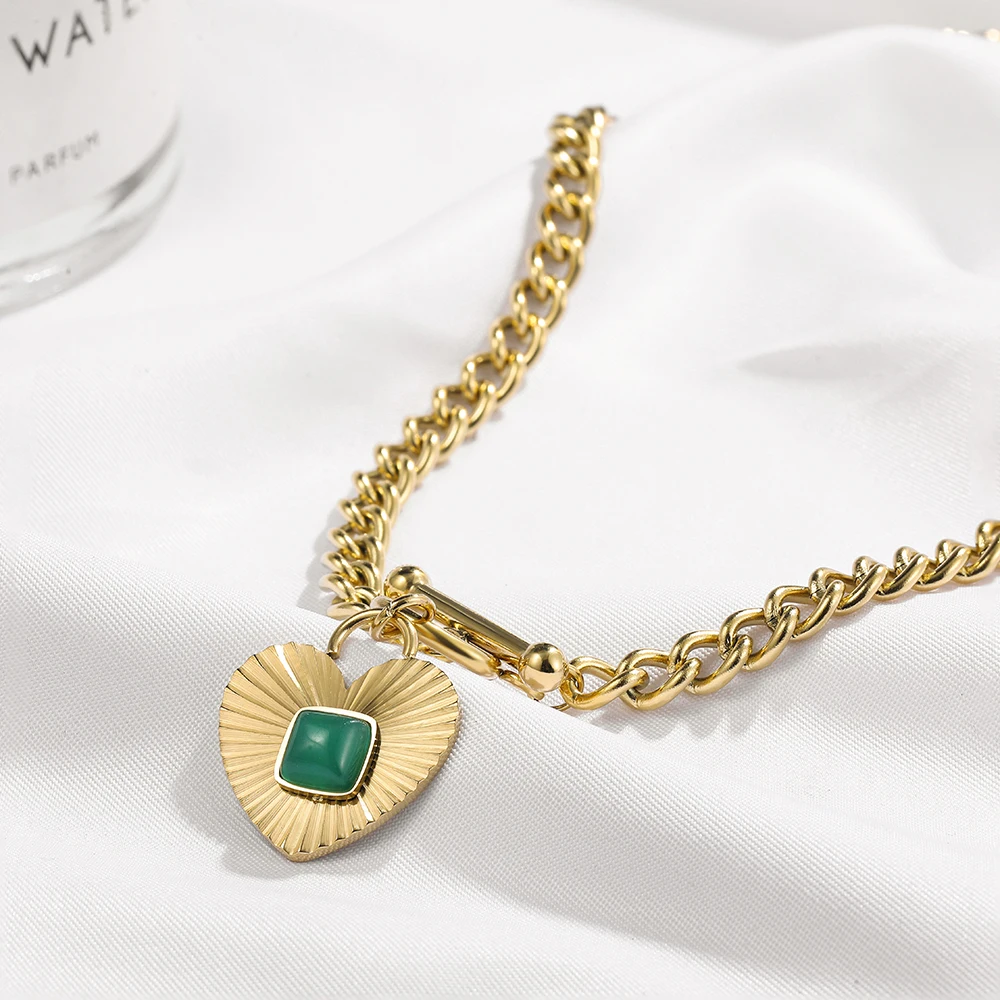 New Vintage Green Crystal Geometric Square Heart Necklace Collar for Women Link Chain Chokers Stainless Steel Jewelry