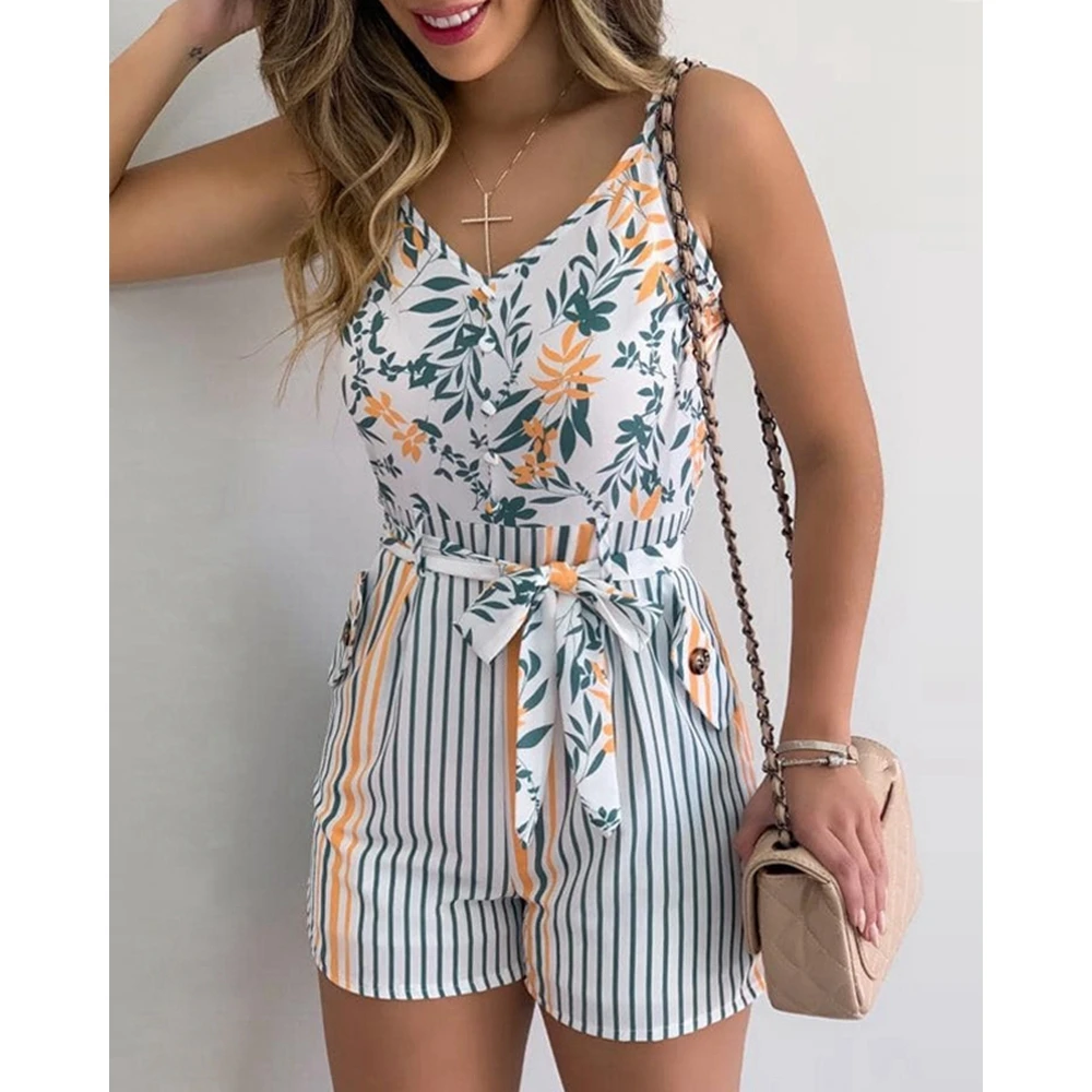 

Summer Women Floral Print V-neck Romper Casual Spaghetti Strap Playsuits with Belt Casual Vacation Boho 2024 Women Beach Outfits