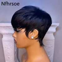 Perruque Bob Brésilienne Naturelle avec Frange, Cheveux Courts et Lisses, Coupe Pixie, Vierge, Pas Cher, pour Femme Africaine 3
