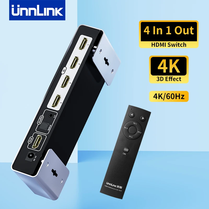 

Unnlink HDMI Switch 4 In 1 Out with Optical Audio Converter 3.5mm 4K 60HZ For PS5/PS4 Box TV PC Laptop Amplifier