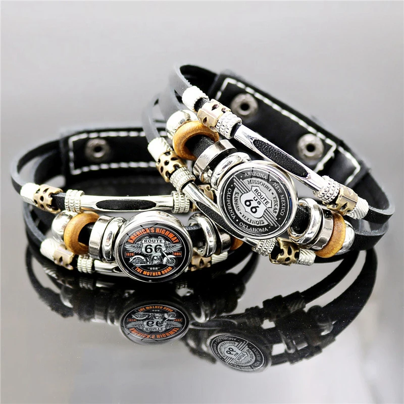 Classic Us Route 66 Bracciale In Pelle Vintage Fashion Logo Us Route 66 Braccialetto Intrecciato Multistrato Regalo Di Gioielli Fatti A Mano
