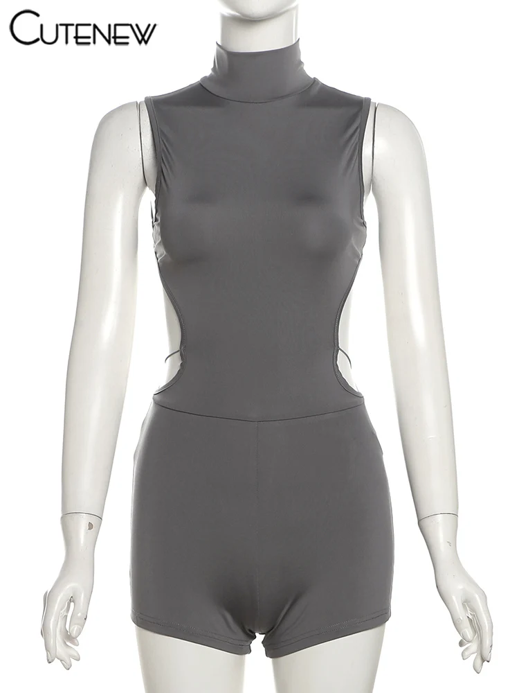 Monos sexys con espalda hueca para mujer, monos sólidos impresionantes sin mangas con cuello alto que moldean el cuerpo, ropa de calle elegante Y2K para mujer