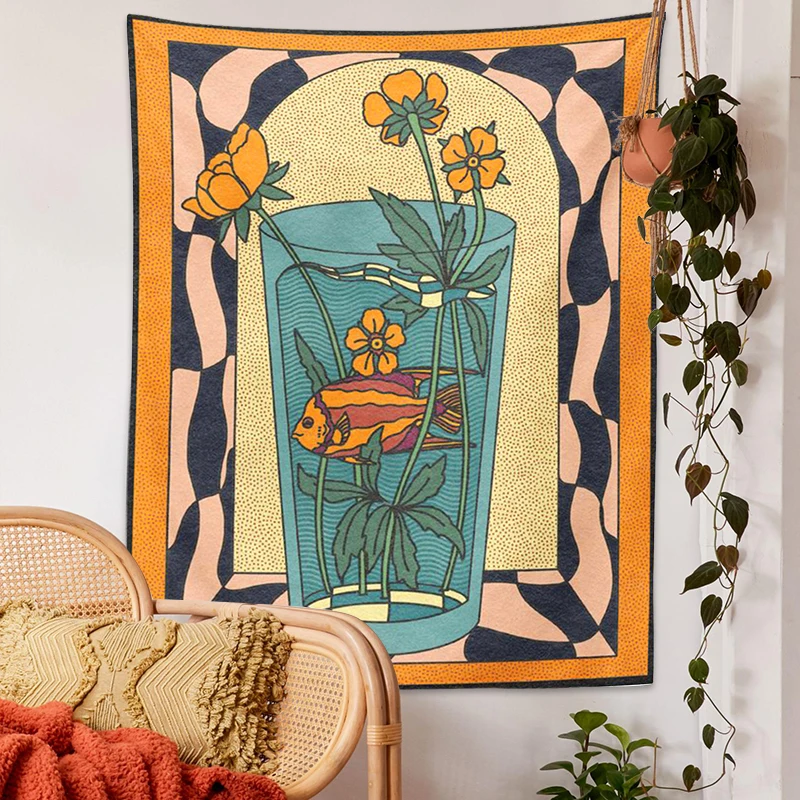 Vintage Inspired Tapestry Wall Hanging Psychedelic vase goldfish flower Decor Minimalist Print Bohemian Art Wall Decor Mural tapestry decorations