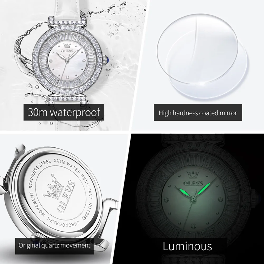 OLEVS 9983 Full Diamond Quartz Watch for Women Leather Strap Waterproof Luminous Clock Luxury Elegant  Ladies Dress Wristwatches 4