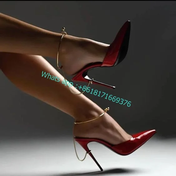 

Босоножки женские из лакированной кожи на цепочке с острым носком, пикантные сандалии на шпильке, дизайнерская модная классическая обувь с ремешком на щиколотке