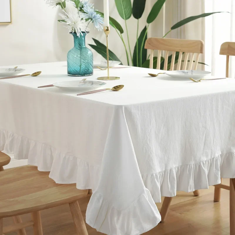 White Rectangular Tablecloth with Ruffles Cotton Linen Plain Tablecloth Dining Table Cover Wedding Tablecloth Home Decor