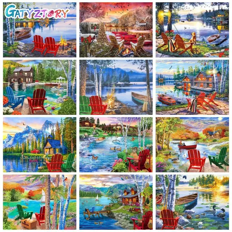 Gatyztory Full Round Diamond Painting Frame Artigianato Fai Da Te Kit Punto Croce Riverside Cabin Mosaic Diamond Art Home Decor Scena Regalo