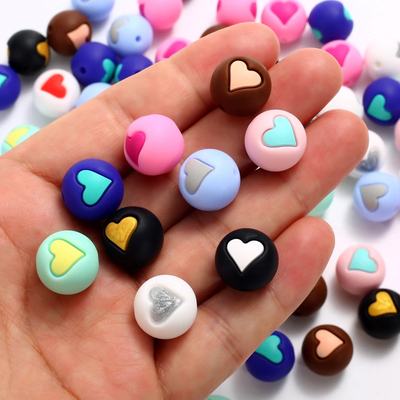 Colorful Silicone Chewing Beads 15mm Round Heart Teether Beads For Jewelry Making Accessory DIY Bracelet Pacifier Chain 10Pcs teething toys silicone teething toys baby teething toys silicone beads silicone teething beads