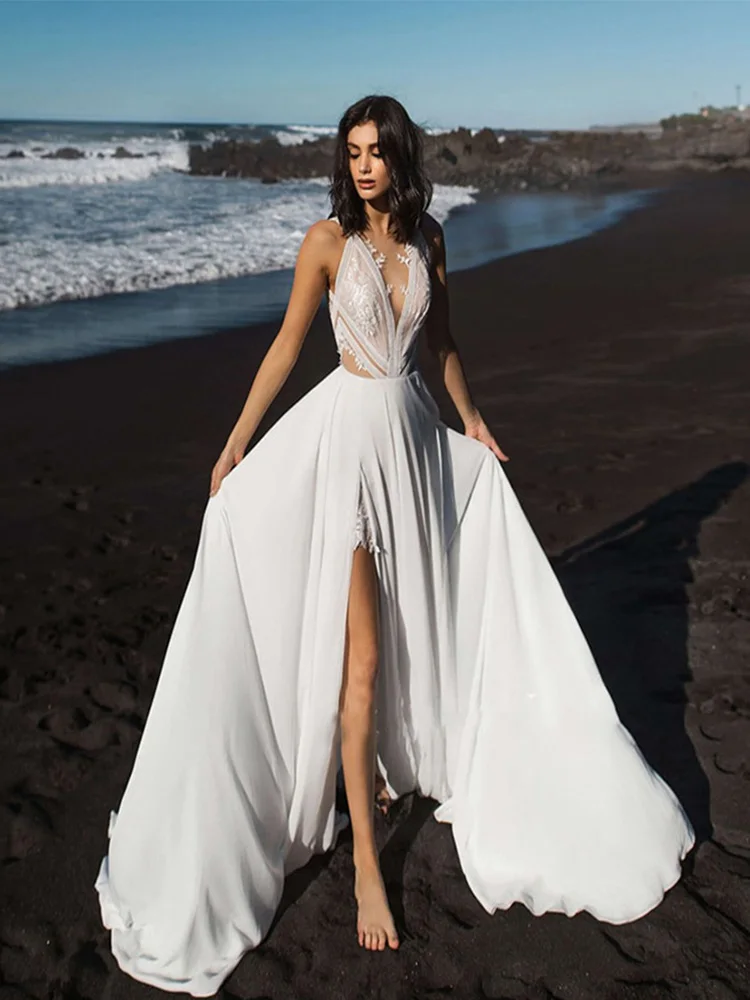 

Simple Wedding Dress Backless V-Neck Appliques Chiffon Bride Gowns For Women Sleeveless Sweep Train A-Line свадебное платье