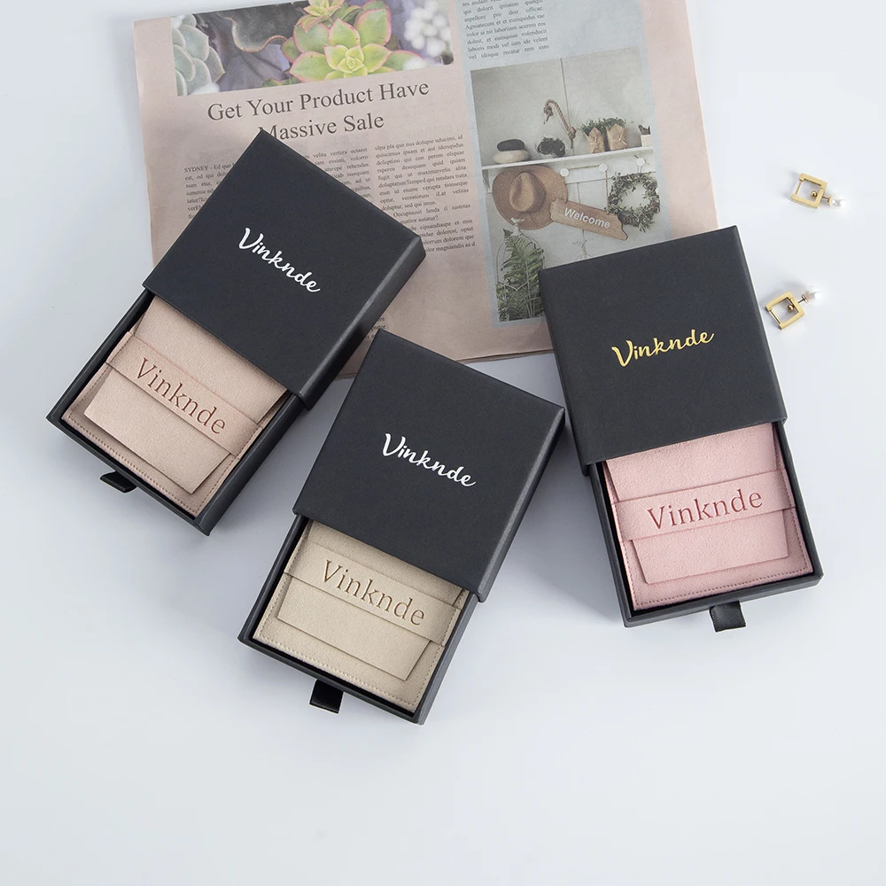 Luxury Custom Logo Black Paper Jewelry Packaging Box for Earrings Rings Bracelet Pendant Gift with Suede Microfiber Jewelry Bags