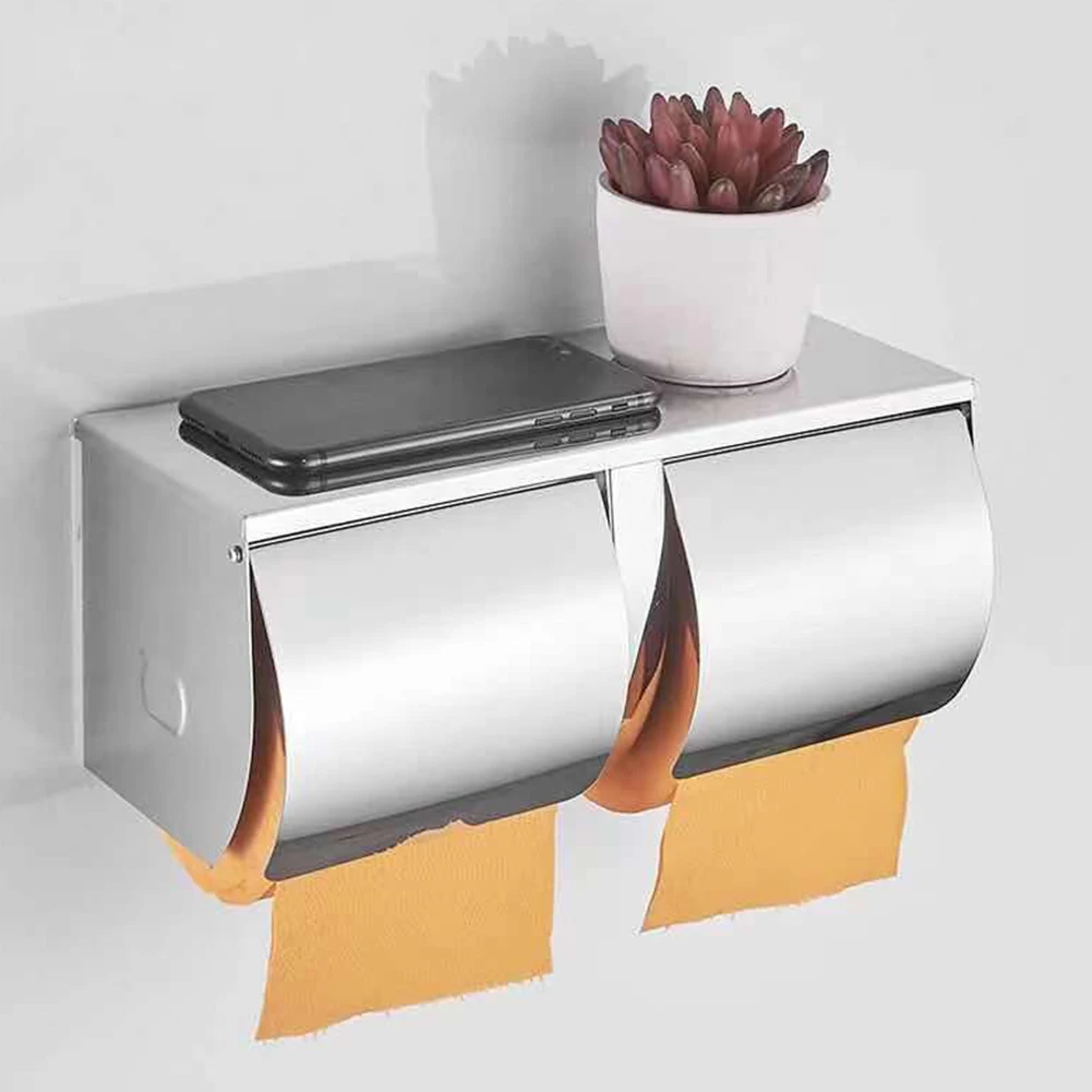 

1pc Stainless Steel Waterproof Double Roll Toilet Paper Holder Dispenser Bathroom Wall-mounted Toilet Paper Holder